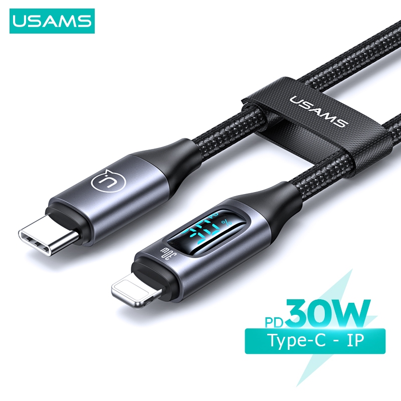 Usams 30W USB C Cáp Hiển Thị Kỹ Thuật Số Pin Type C - IP PD Cáp Sạc Nhanh Cho 1Phone 14 13 12 11 Pro