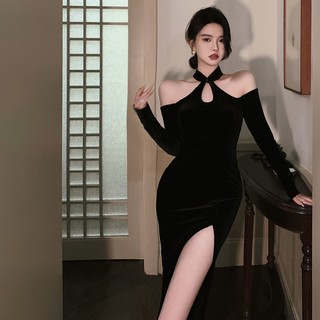 Đầm Nữ Retro Thời Trang Dây Tắt Vai Ôm Gợi Cảm Chia Màu Nhung Cải Thiện Sườn Xám Dài Tay Đầm