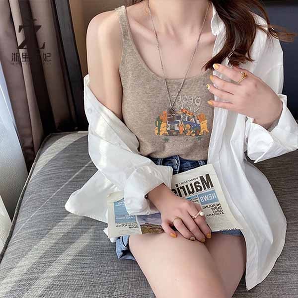 Áo dệt kim sát nách ZHELIHANGFEI lưng cao in họa tiết thời trang cá tính