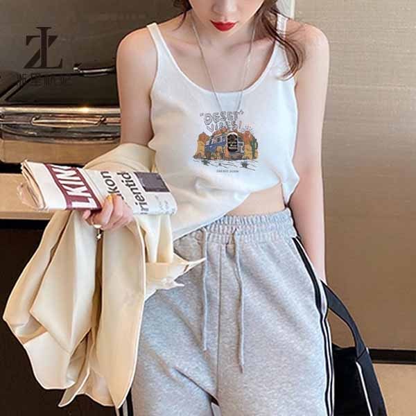 Áo dệt kim sát nách ZHELIHANGFEI lưng cao in họa tiết thời trang cá tính