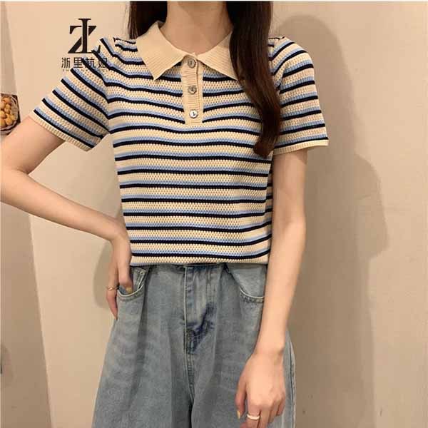 Áo thun ZHELIHANGFEI polo dệt kim tay ngắn kẻ sọc thời trang mùa hè dễ phối đồ cho nữ | BigBuy360 - bigbuy360.vn