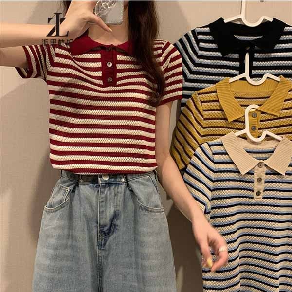 Áo thun ZHELIHANGFEI polo dệt kim tay ngắn kẻ sọc thời trang mùa hè dễ phối đồ cho nữ | BigBuy360 - bigbuy360.vn