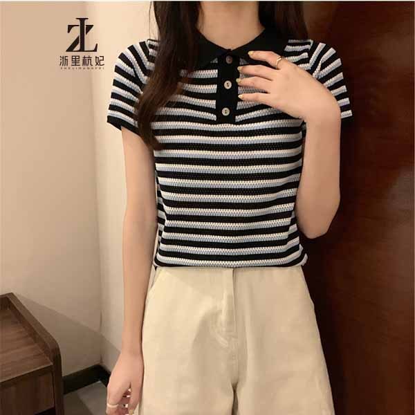 Áo thun ZHELIHANGFEI polo dệt kim tay ngắn kẻ sọc thời trang mùa hè dễ phối đồ cho nữ | BigBuy360 - bigbuy360.vn