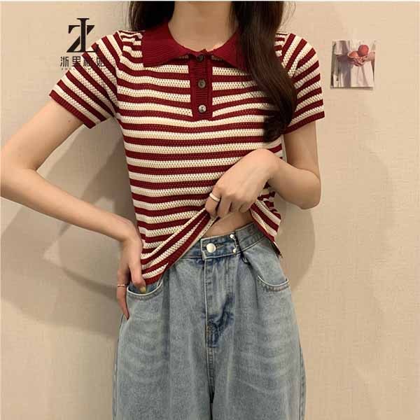 Áo thun ZHELIHANGFEI polo dệt kim tay ngắn kẻ sọc thời trang mùa hè dễ phối đồ cho nữ | BigBuy360 - bigbuy360.vn