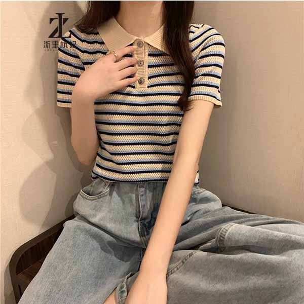 Áo thun ZHELIHANGFEI polo dệt kim tay ngắn kẻ sọc thời trang mùa hè dễ phối đồ cho nữ | BigBuy360 - bigbuy360.vn