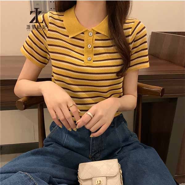 Áo thun ZHELIHANGFEI polo dệt kim tay ngắn kẻ sọc thời trang mùa hè dễ phối đồ cho nữ | BigBuy360 - bigbuy360.vn