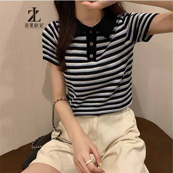 Áo thun ZHELIHANGFEI polo dệt kim tay ngắn kẻ sọc thời trang mùa hè dễ phối đồ cho nữ | BigBuy360 - bigbuy360.vn