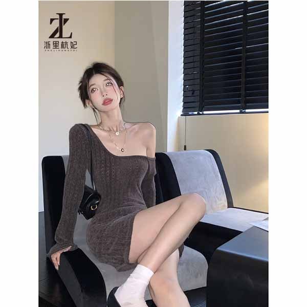 ZHELIHANGFEI Đầm Dệt Kim Dài Tay Trễ Vai Gợi Cảm Cho Nữ