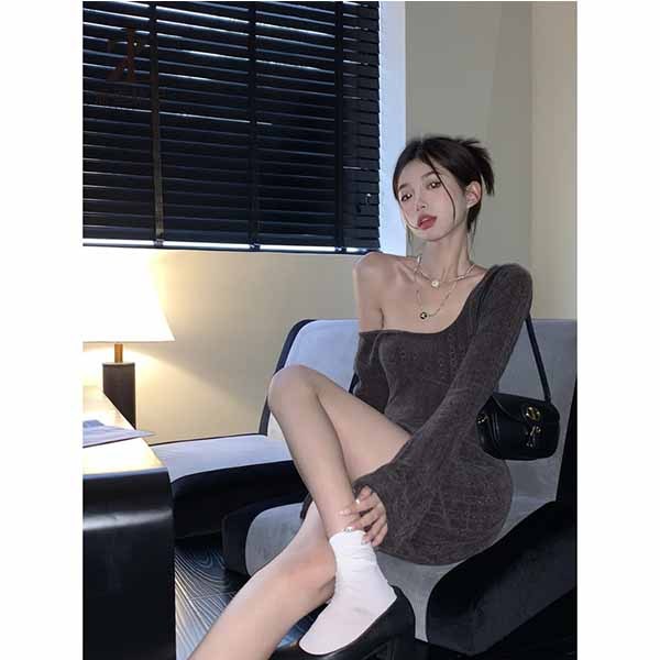 ZHELIHANGFEI Đầm Dệt Kim Dài Tay Trễ Vai Gợi Cảm Cho Nữ