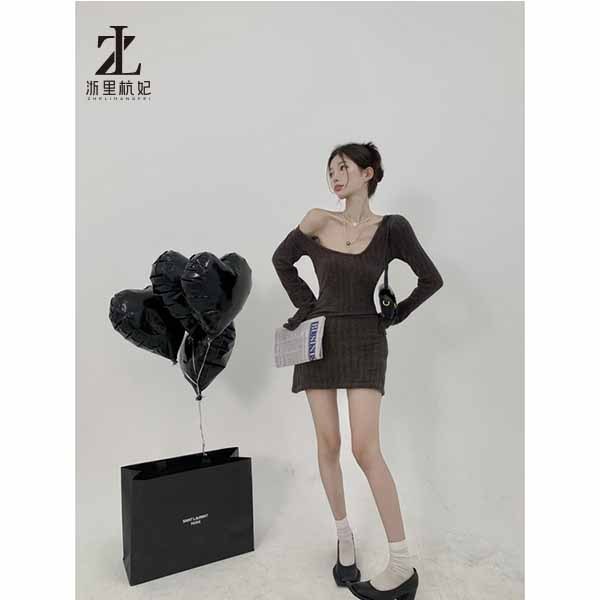 ZHELIHANGFEI Đầm Dệt Kim Dài Tay Trễ Vai Gợi Cảm Cho Nữ
