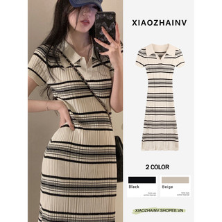 Xiaozhainv Đầm Maxi Dệt Kim Tay Ngắn Cổ Polo Họa Tiết Kẻ Sọc Thời Trang Mùa Hè Phong Cách Hàn Quốc