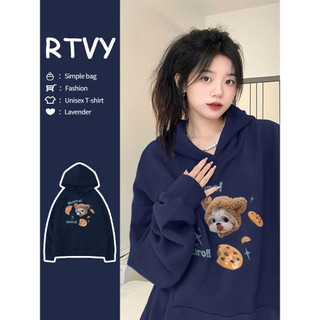 Áo hoodie Oversize In Chữ puppy Màu Xanh navy Phong Cách retro Cho Nữ
