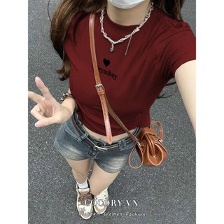 Cocorygirl Áo thun ngắn tay màu đỏ năm mới quần áo nữ ngọt ngào và cay cô gái