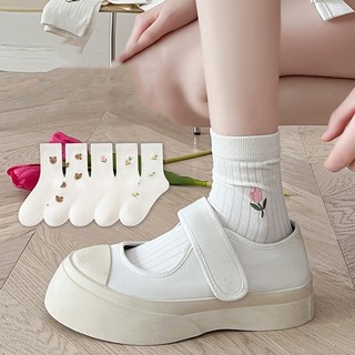 FHYL Thu Đông Nguyên Chất Cotton Giữa Tất Jap JK Y2K Hoạt Hình Dễ Thương Gấu Thêu Tất Phù Hợp Với Tất Trắng Mềm Cho Nữ