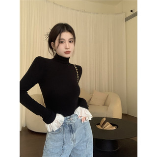 【BANKO】Áo thun dài tay cổ cao nửa cổ màu đen mỏng vừa vặn thời trang dành cho nữ