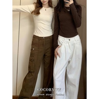 Cocorygirl Áo Thun croptop y2k Tay Dài Cổ Tròn Màu Trơn Phong Cách Hàn Quốc Thời Trang Cho Nữ