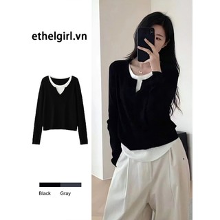 Ethelgirl Áo Thun Nữ Dài Tay Cổ Tròn Sọc Ngang Thời Trang Hàn
