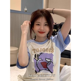 Xiaozhainv Phiên bản Hàn Quốc của chữ cái mới Áo thun ngắn tay in hình hoạt hình dễ thương dành cho nữ cổ tròn dáng rộng