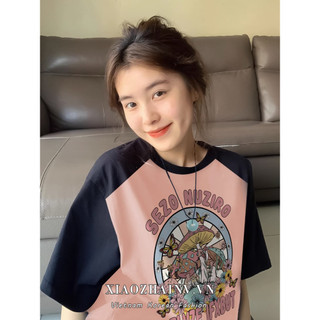 Xiaozhainv Áo thun ngắn tay in hình cotton chắp vá thời trang dành cho nữ