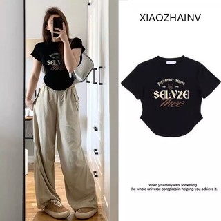 Xiaozhainv Áo thun ngắn tay in hình Spice Letters của Mỹ dành cho nữ áo thun cotton mỏng