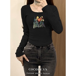 Cocorygirl Áo thun dài tay màu đen phong cách ngọt ngào và cay cay quần áo nữ sang trọng mùa hè mới