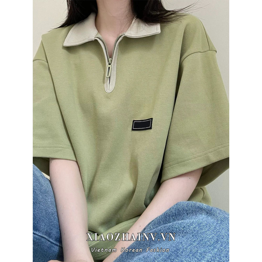 Áo thun Cotton rộng rãi có thể gập lại cổ áo ngắn tay màu xanh lá cây cá tính cho nữ