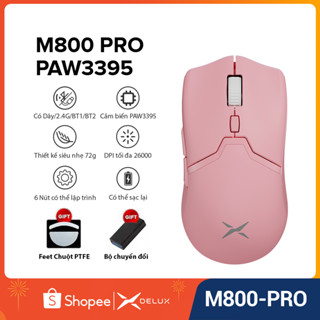 Delux Chuột chơi game Có dây 2.4G Bluetooth Không Dây M800 PRO PAW3395 DPI tối đa 26000 500MAh Có thể sạc lại 6 Nút có thể lập trình Trọng lượng nhẹ 72g Cho PC/Laptop/Windows Hồng