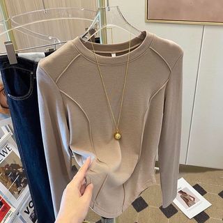 Thiết Kế Thời Trang Cảm Giác Chải Dày Cổ Tròn Top Nữ Tay Dài Thu Đông Phong Cách Mới Niche Đáy Áo Thun Plus