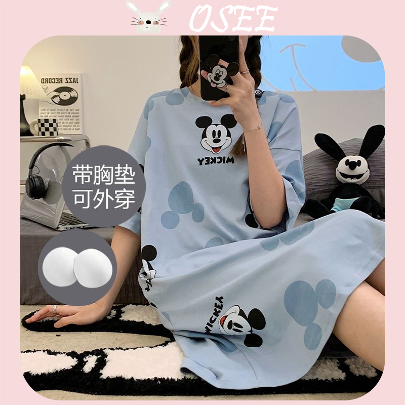 Váy ngủ ngắn tay có miếng đệm ngực hoạt hình Cô gái trẻ Váy ngọt ngào và rộng rãi cỡ lớn Váy ngủ gia đình