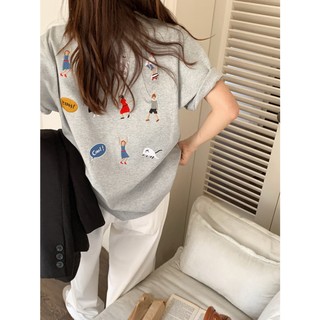 QOEDDV Áo thun ngắn tay mùa xuân hè lưng hoạt hình hình thêu dáng rộng vừa vặn hình nhỏ áo thun cotton nguyên chất dành cho nữ