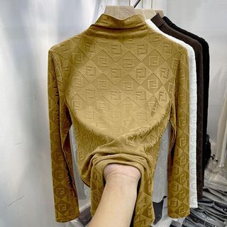 Jacquard Kẻ Sọc Dài Tay Áo Thun Nữ Thu Đông Phong Cách Mới Đức Nhung Bên Trong Nửa Cổ Cao Bott