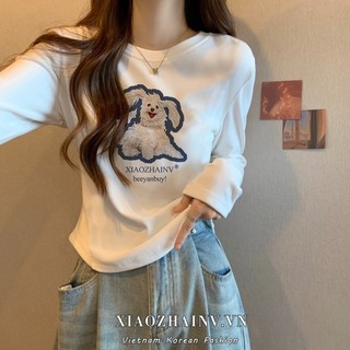 Xiaozhainv Phiên bản Hàn Quốc retro skinny Áo thun trắng dài tay gợi cảm hot girl quần áo ngắn chó con in hoạt hình