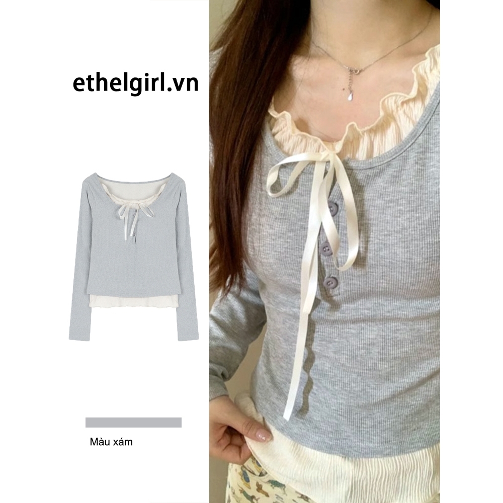 Ethelgirl Áo Thun Tay Dài Cổ Tròn Dáng Ôm 3 Màu Thời Trang Hàn Quốc Dành Cho Nữ