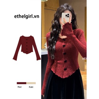 Ethelgirl Hàn Quốc Nữ Quần Áo Đỏ Năm Mới Giáng Sinh Slim Fit Cổ Tròn Micro Flare Tay Áo Dệt Kim cardigan Croptop