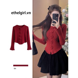 Ethelgirl Hàn Quốc Đỏ Năm Mới Giáng Sinh Slim Fit Hoa Dệt Kim Áo Len Nữ Quần Áo Micro Sừng Tay Áo Top