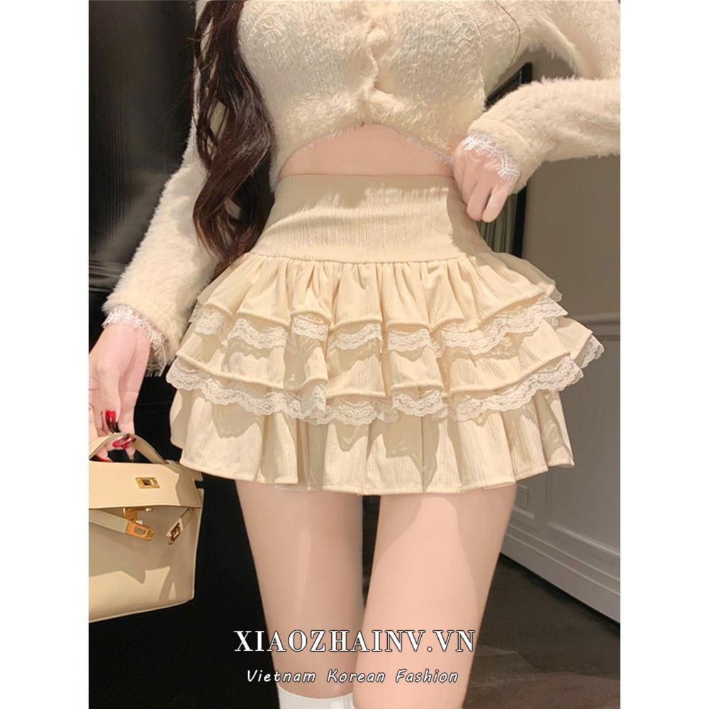 Xiaozhainv Cô Gái Cay Cao Cấp Ren Ghép Chữ A Quần Áo Nữ Thường Ngày Phù Hợp Với Nửa Thân Bánh Váy Ngắn
