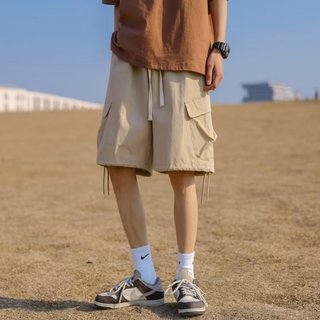 Kaki Màu Bảo Hộ Lao Động Quần Short Nam Mùa Hè Retro Rời Chân Thẳng Quần Nam Thể Thao Thường Ngày Capris Dây Rút Quần Short Nam Màu Trơn Đa Năng