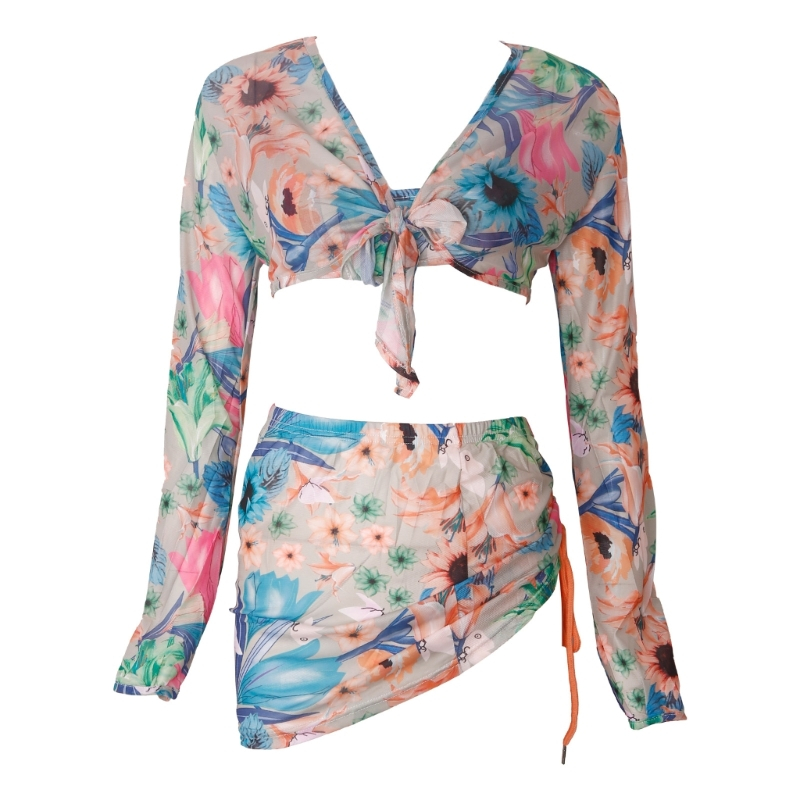Bikini đi biển Đồ Bơi Bộ 3 set Phụ nữ Floral Mesh Dài Tay Thắt Nút Knot Crop Top với Thong Bên Dây Rút Ruched Đồ Đi Biển | BigBuy360 - bigbuy360.vn