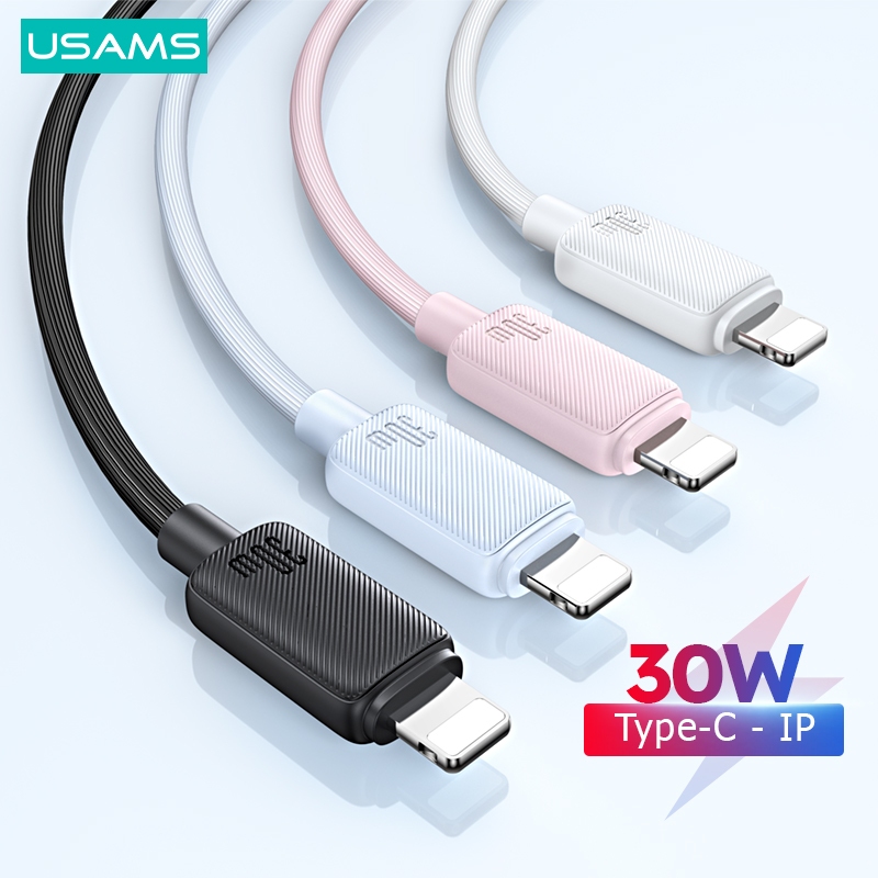 Usams 30W PD USB C Cáp USB - IP Type C - Cáp dữ liệu sạc nhanh sọc IP cho i14 13 12 11 X XS Dây sạc