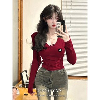 Cocorygirl Áo Thun Crop Top Tay Dài Cổ Chữ v Dáng Ôm In Họa Tiết Thời Trang Hàn Quốc y2k
