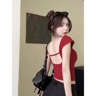 QADCOL Pure Desire Ngọt Ngào Cô Gái Gợi Cảm Lưng Ngắn Nữ Tay Ngắn Mùa Hè Nhỏ Bay Tay Áo Thun Màu Đỏ Thiết Kế Niche