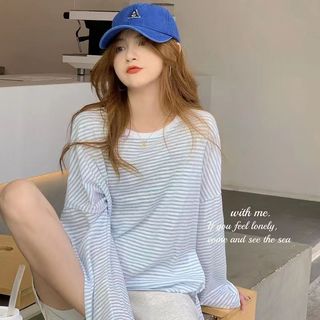 🎀48 giờ gửi🎀Phong Cách Nhật Bản Rời Xanh Sọc Lười Phong Cách Áo Thun Nữ Nhẹ Nhàng Phong Cách Mùa Xuân 2024 Phong Cách Mới Dài Tay Đơn Giản Đáy Áo Sơ Mi Chống Nắng Áo