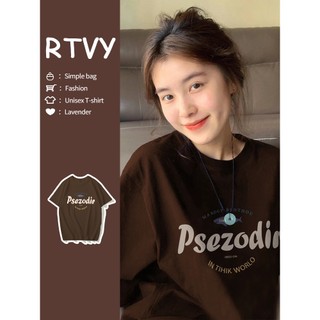 「RTVY」Áo thun ngắn tay cotton nguyên chất đeo vai màu nâu cổ điển kiểu Mỹ dành cho nữ mùa hè dáng rộng phù hợp với phong cách Hồng Kông hàng đầu