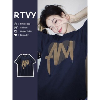 「RTVY」Áo thun ngắn tay màu xanh cổ điển High Street trang phục cặp đôi mùa hè oversize nửa tay áo