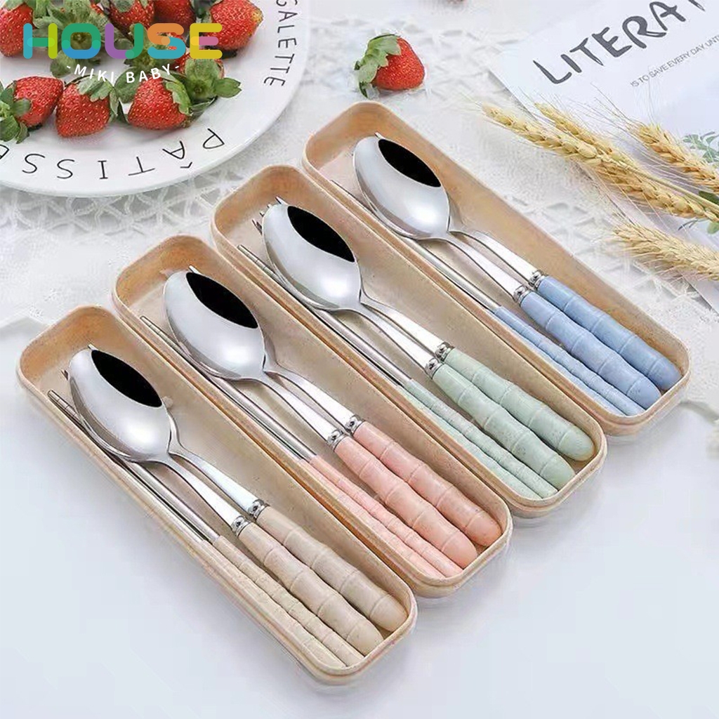 Bộ 3 Món Thìa, Đũa, Dĩa Lúa Mạch Chất Liệu Inox 304 Không Rỉ Kèm Hộp, Bộ Muỗng,Thìa, Nĩa Dùng Cá Nhân