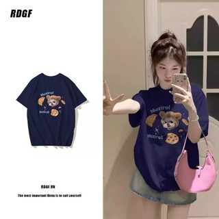 Áo thun nữ màu xanh dáng rộng mới của RDGF Áo thun dài tay cổ tròn thời trang phong cách Hàn Quốc 240220
