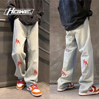 Howe. Quần jean nam quần jeans thêu chữ rộng rãi quần ống rộng cổ điển