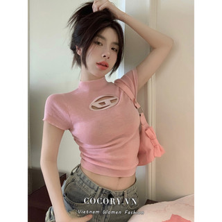 Cocorygirl Áo Dệt Kim Tay Ngắn Thêu Họa Tiết Rỗng 4 Màu Thời Trang Cho Nữ