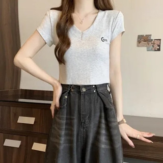 NZN Áo thun ngắn tay cổ chữ V thêu cổ tròn phong cách Hàn Quốc