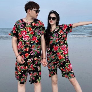 Đông Bắc Hoa Lớn Vải Phù Hợp Với Áo Sơ Mi Hoa Quần Đi Biển Phù Hợp Với Hoa Lớn Vải Quần Áo Nam Nữ Cặp Đôi Mặc Ánh Sáng Áo Thun Tay Ngắn Phong Cách Dân Tộc Hàng Ngày Người Ảnh Hưởng Đường Phố Quần Áo Tốc Độ Quay Ngược Cao Quần Áo Khiêu Vũ Hai Người Xoay Qu